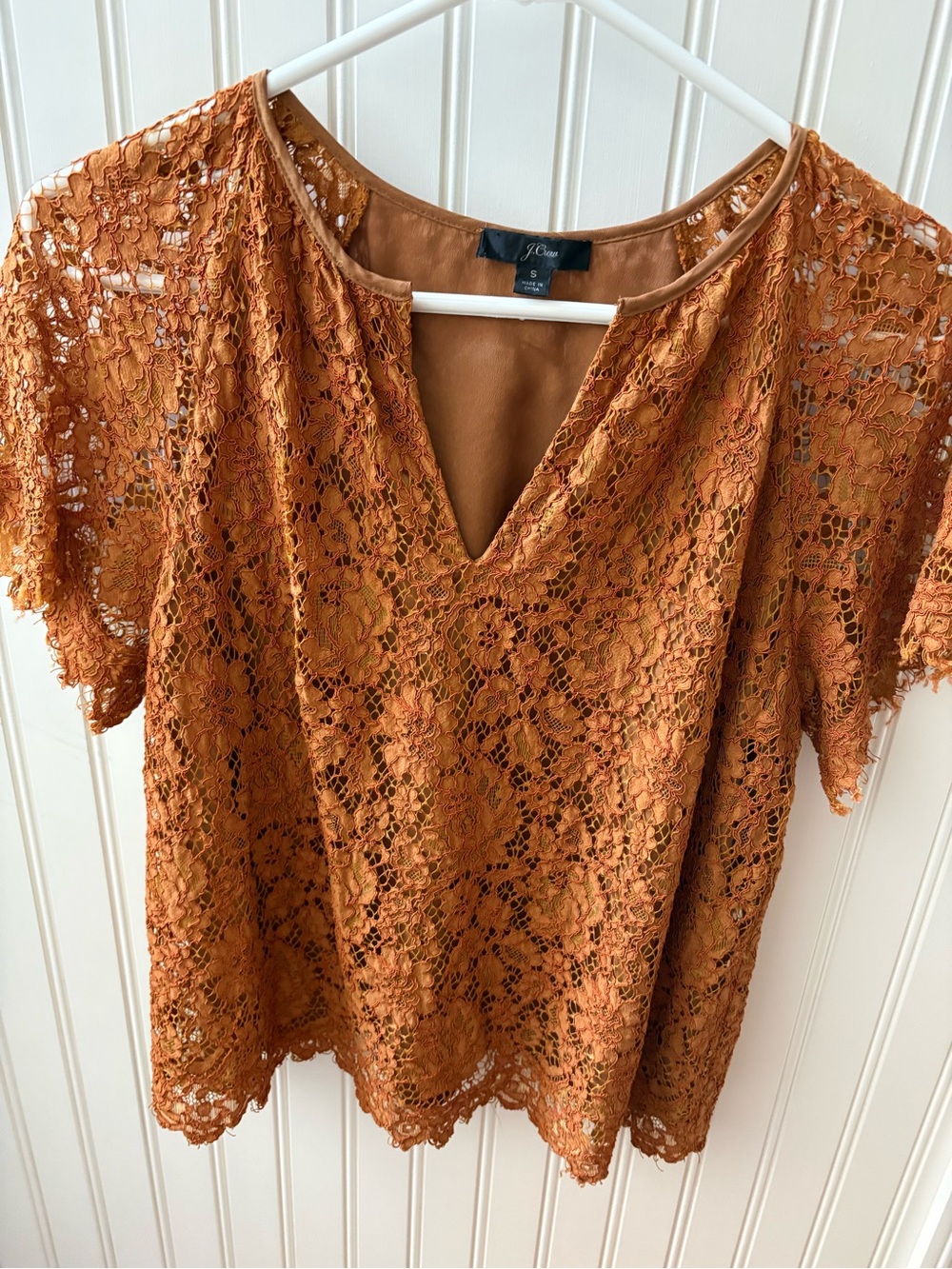 J. Crew Burnt Orange Lace V-Neck Coton Blend Blouse